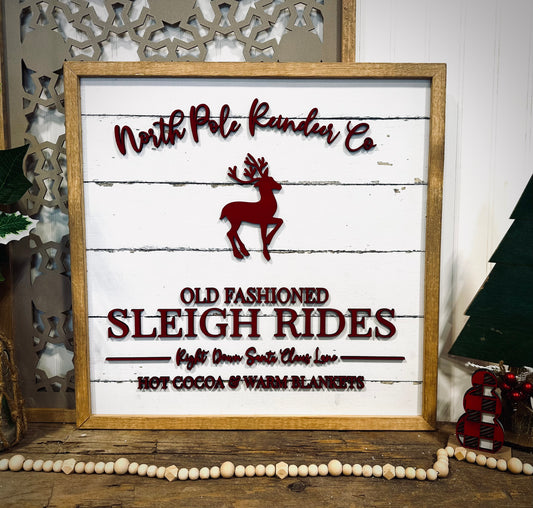 North Pole old fashioned sleigh rides framed sign- white canvas background