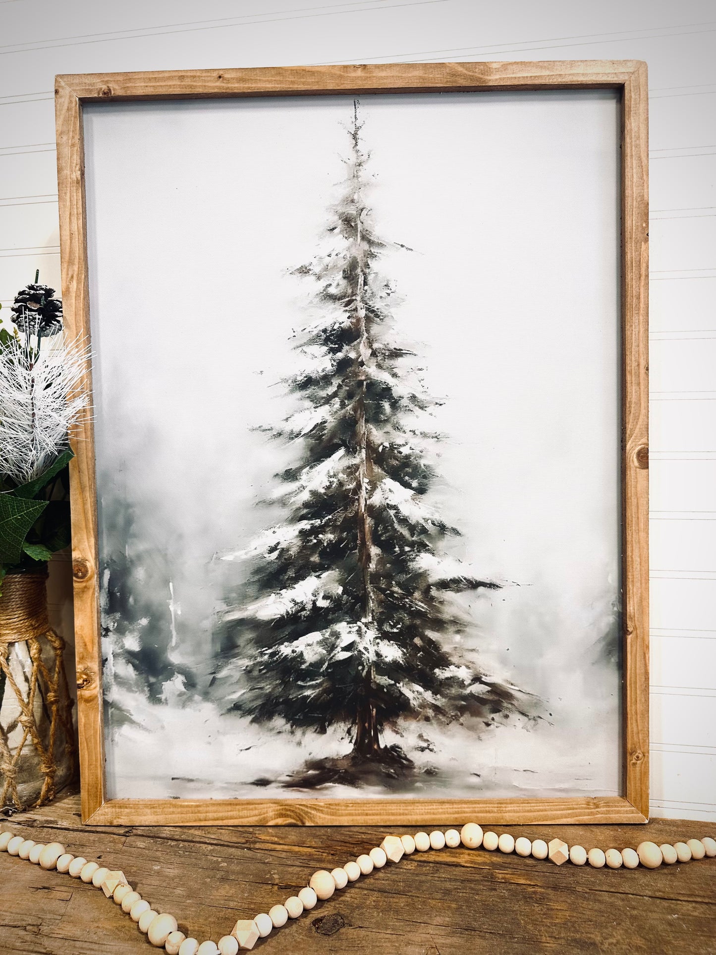 Moody snow covered evergreen wood framed Christmas print