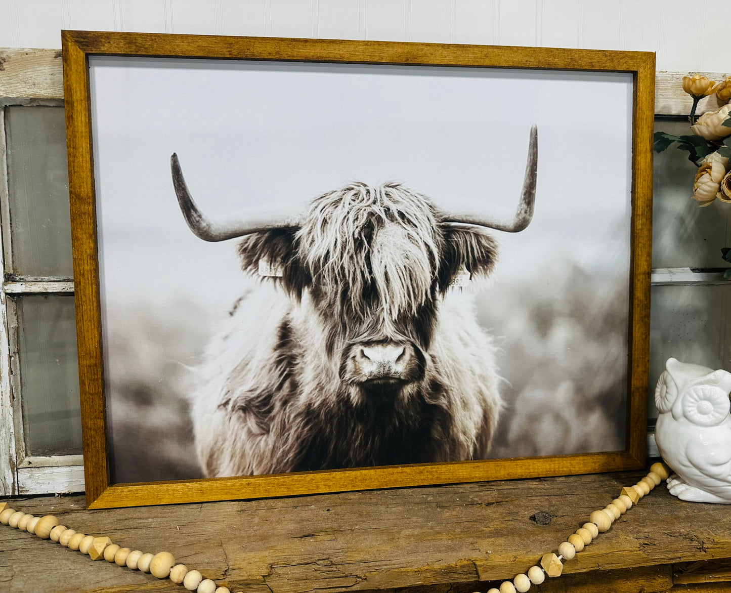 Muted highland cow wood framed canvas print