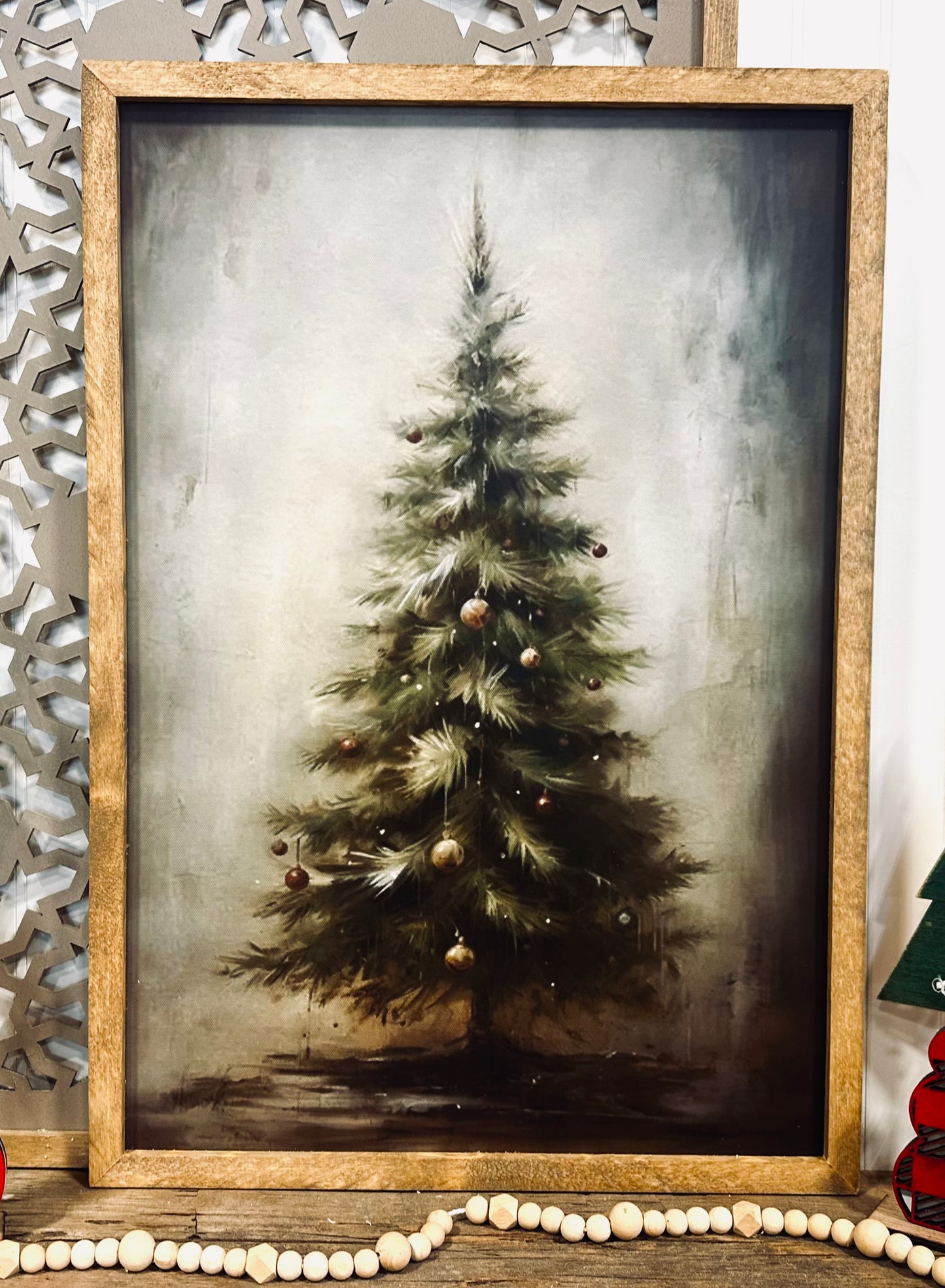 Moody vintage Christmas tree wood framed canvas print