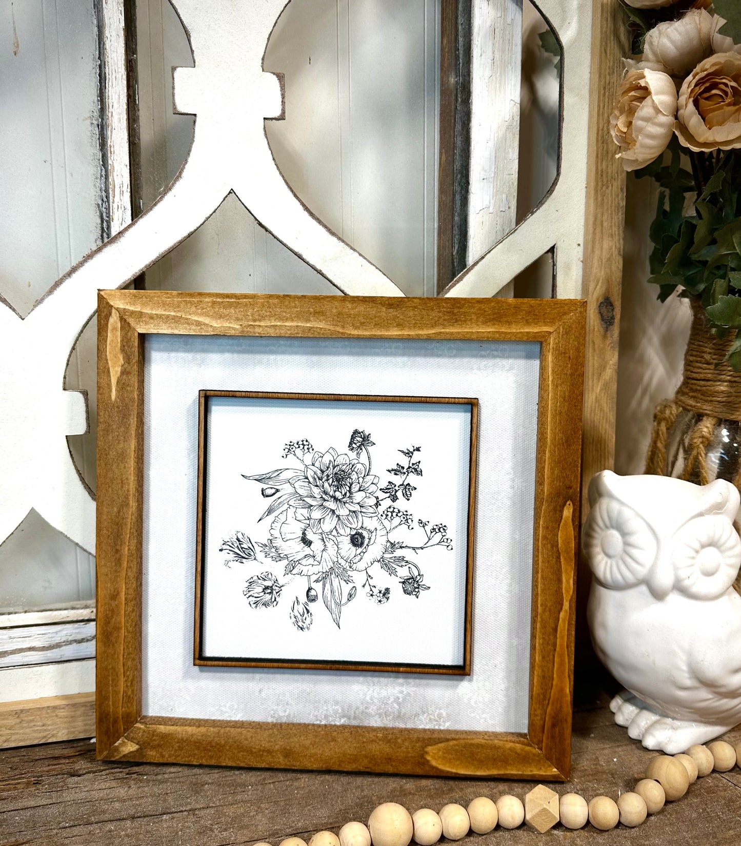 Elegant square botanical wood framed canvas wall art