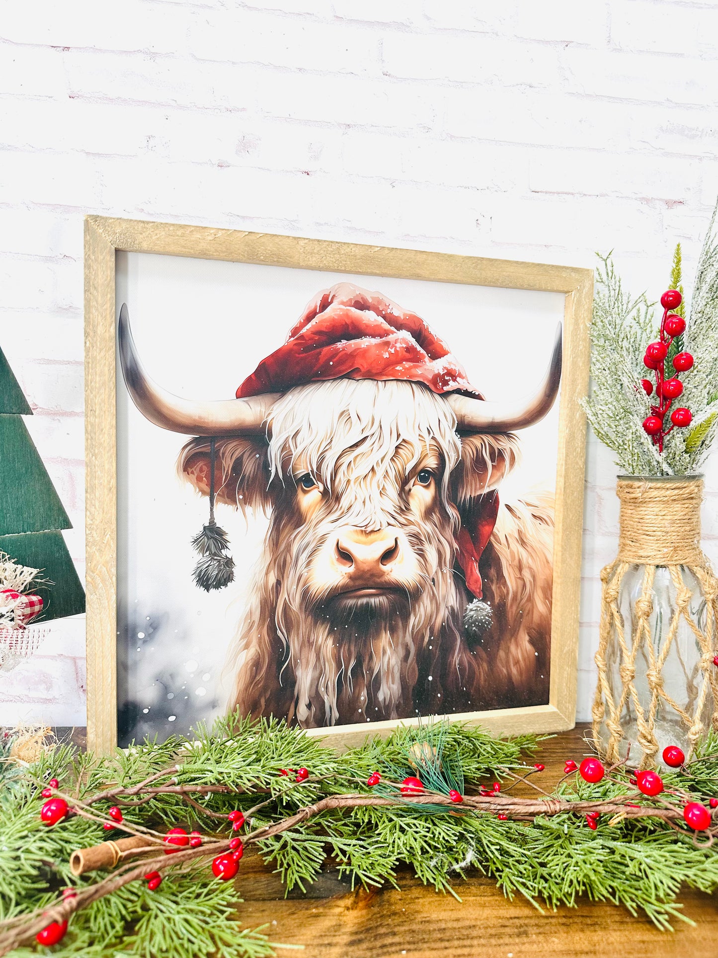 Christmas Highland cow canvas framed sign