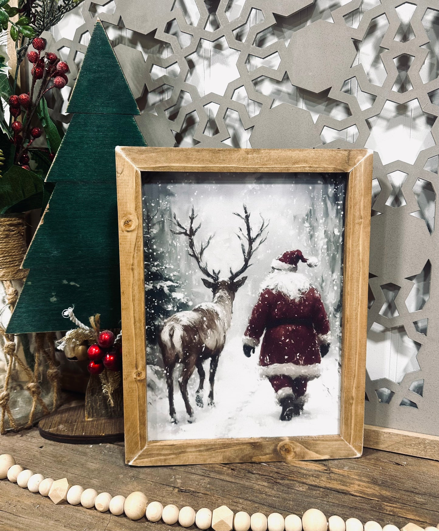 Santa and Reindeer snowy forest Christmas wood framed canvas print