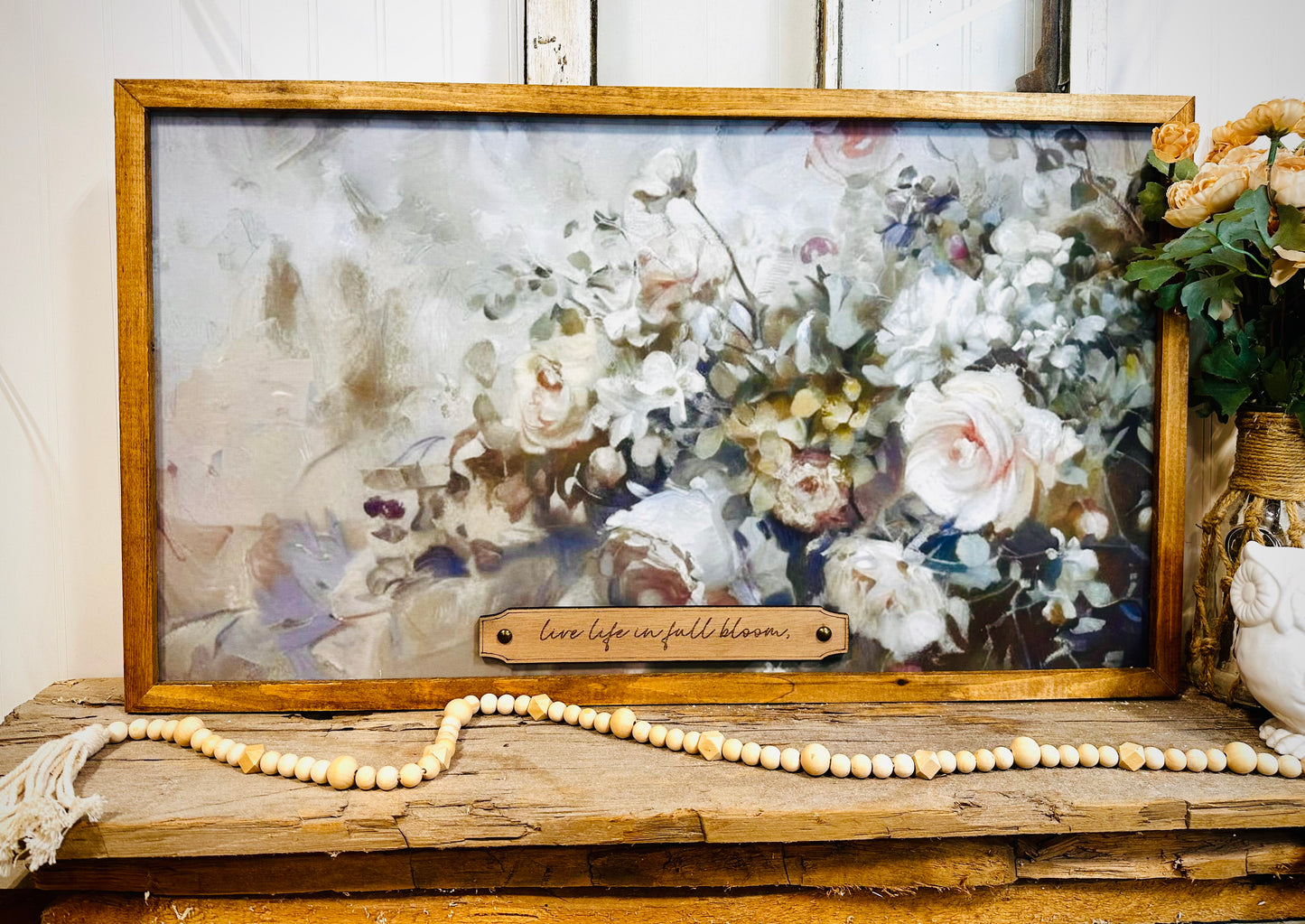 Live life in full bloom wood framed canvas sign