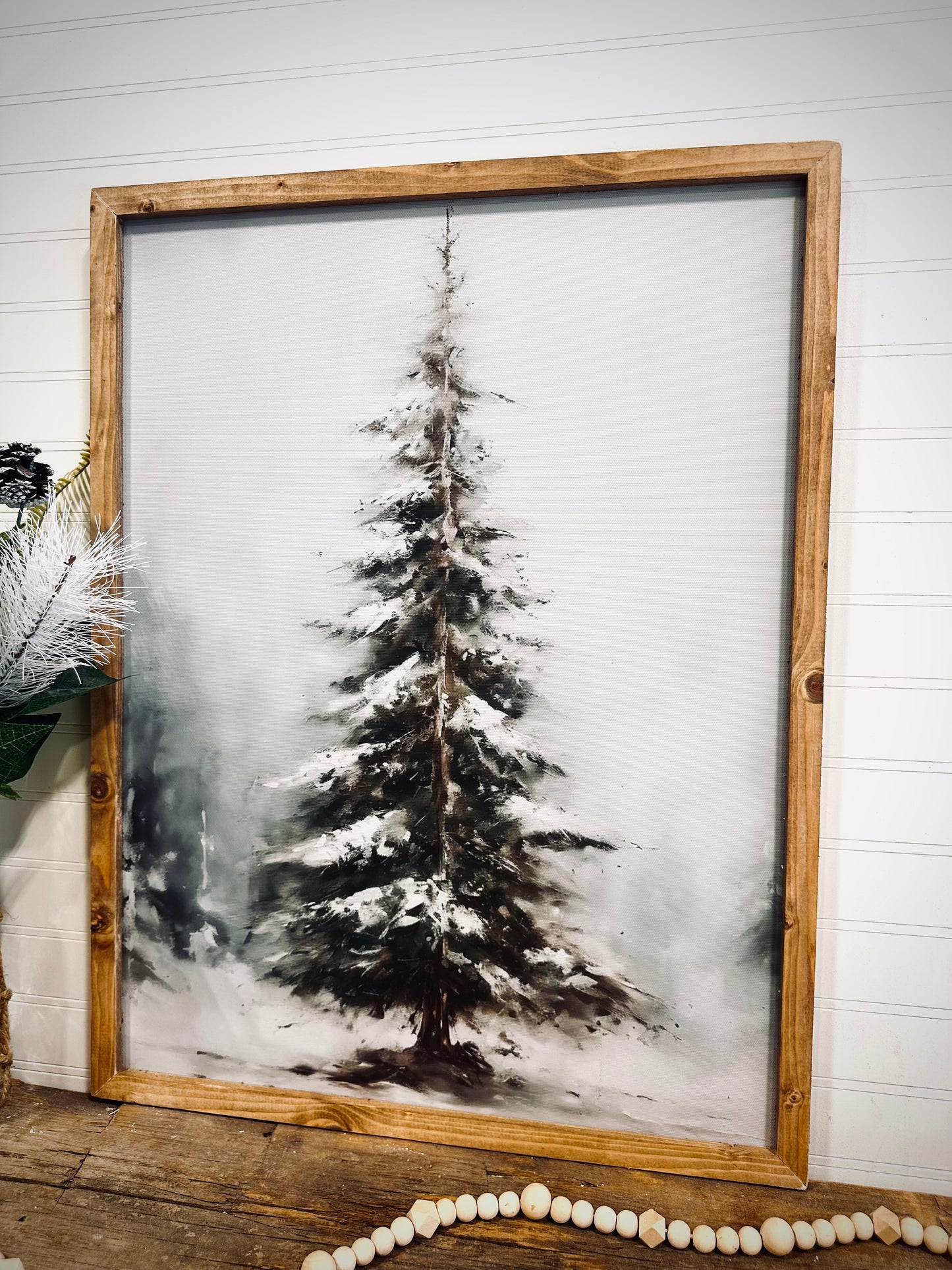 Moody snow covered evergreen wood framed Christmas print