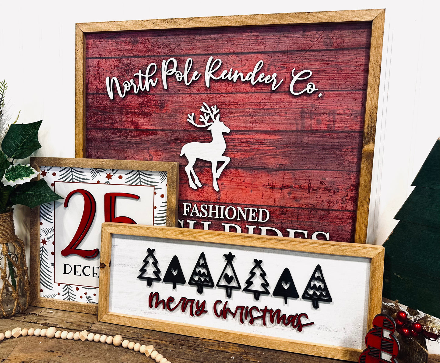 North Pole old fashioned sleigh rides framed sign- Red canvas background