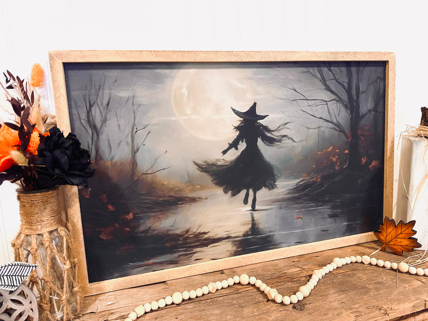 Moonlight witch Halloween framed canvas sign