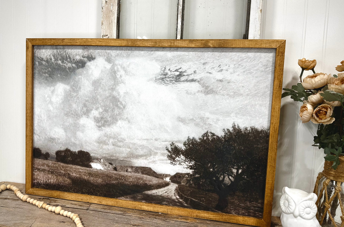 Moody open country field wood framed canvas print