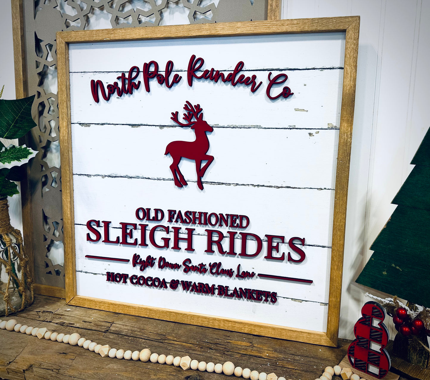 North Pole old fashioned sleigh rides framed sign- white canvas background