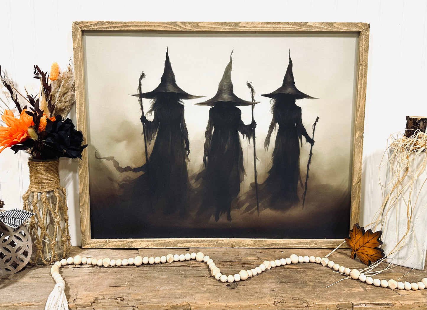 Three witches Halloween framed canvas wall art