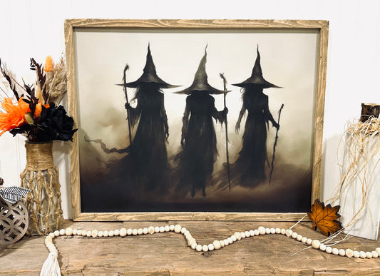 Three witches Halloween framed canvas wall art