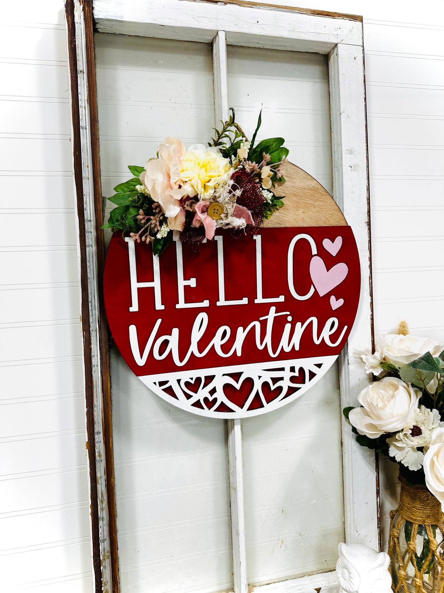 Hello Valentine painted wood door wreath