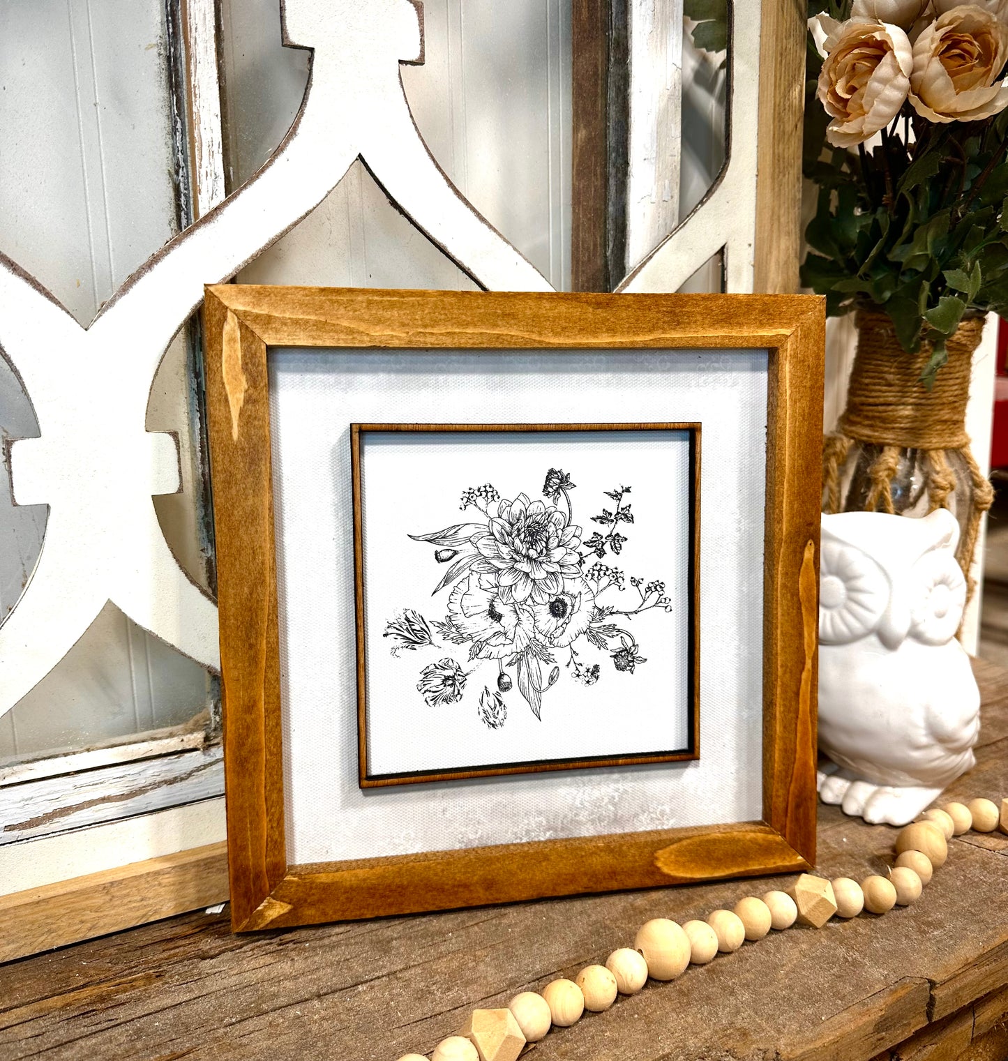 Elegant square botanical wood framed canvas wall art