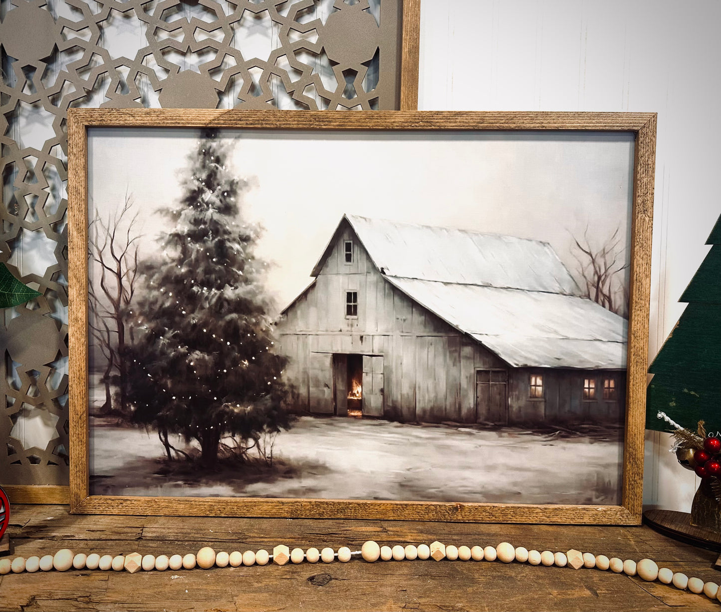 Moody winter snow covered barn scene wood framed canvas print