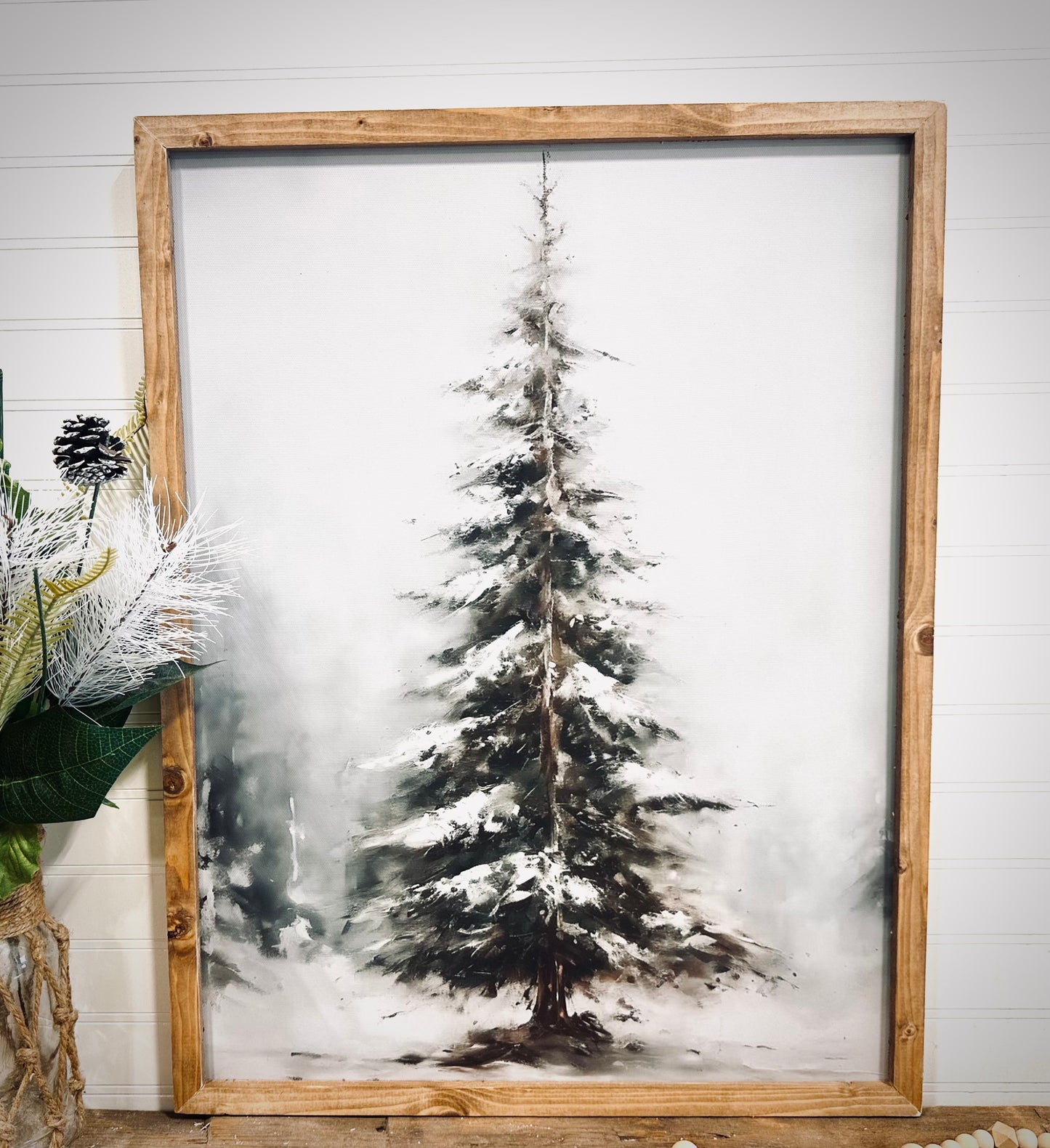 Moody snow covered evergreen wood framed Christmas print