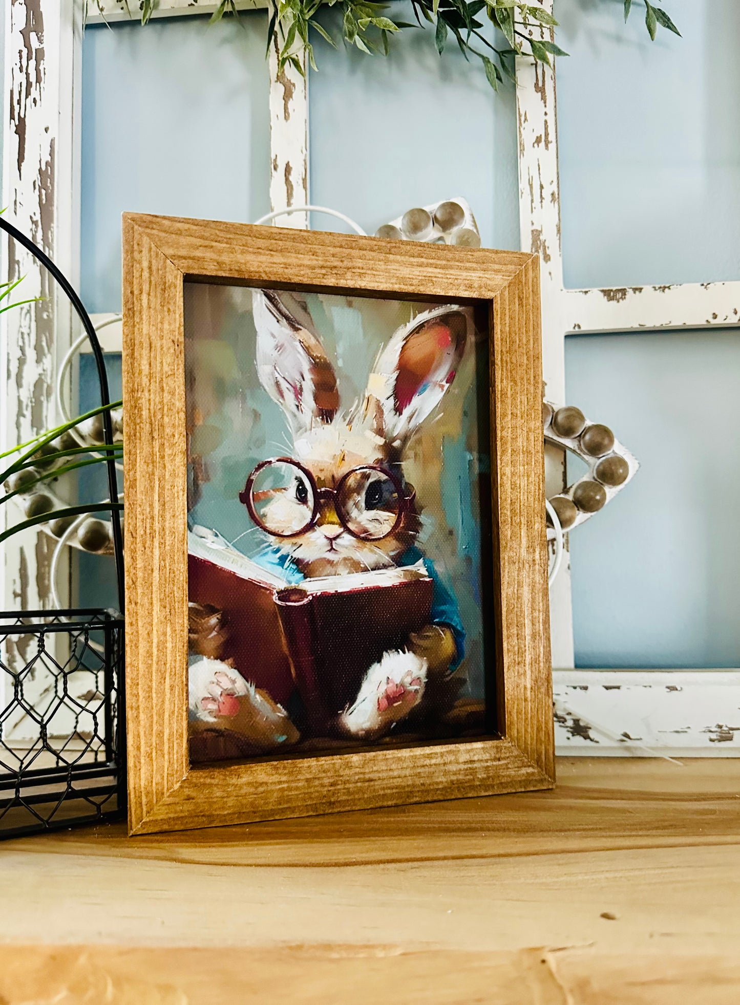 Whimsical reading bunny spring wooden framed canvas art print