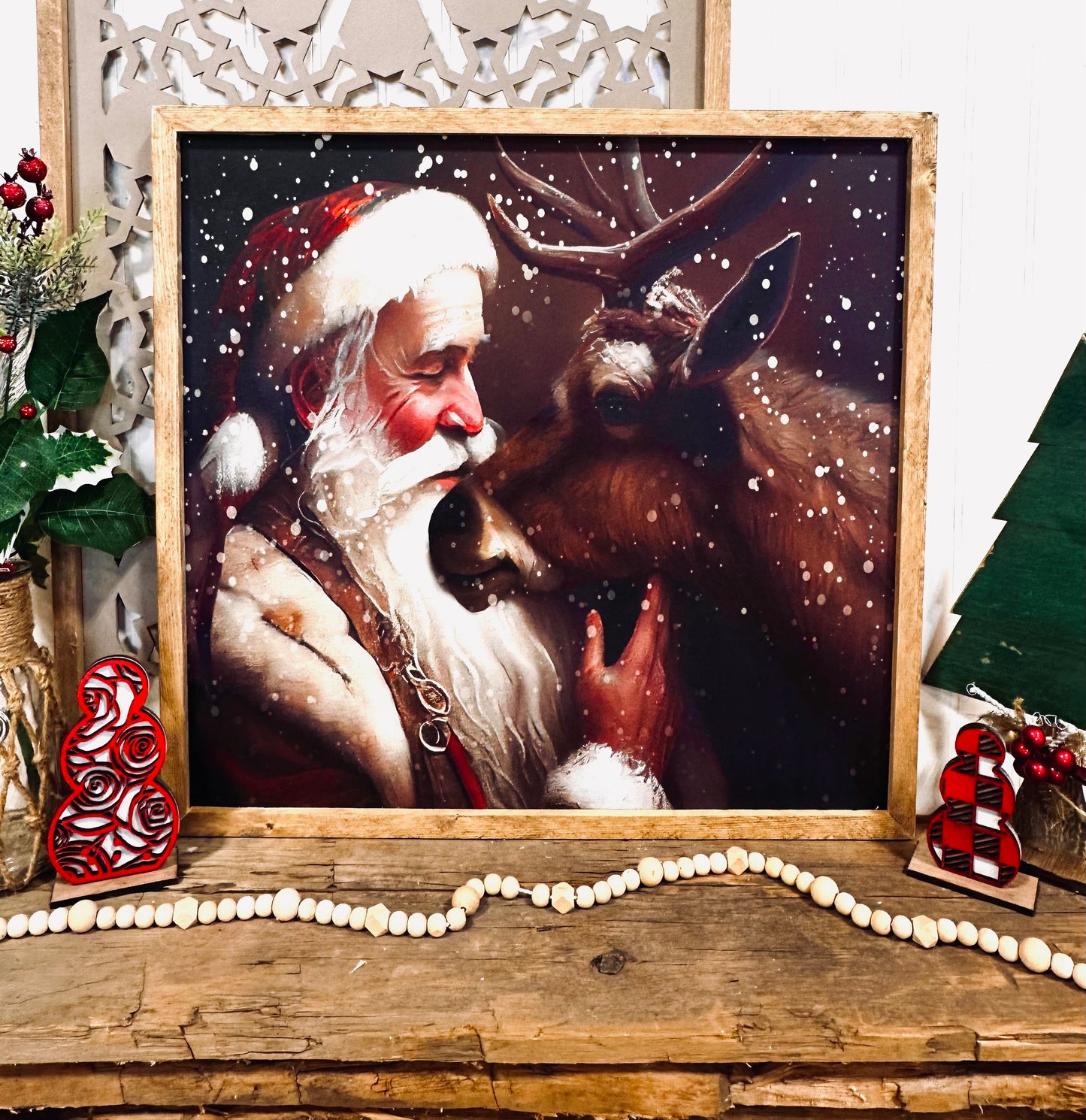 Classic Santa kissing reindeer wood framed canvas print