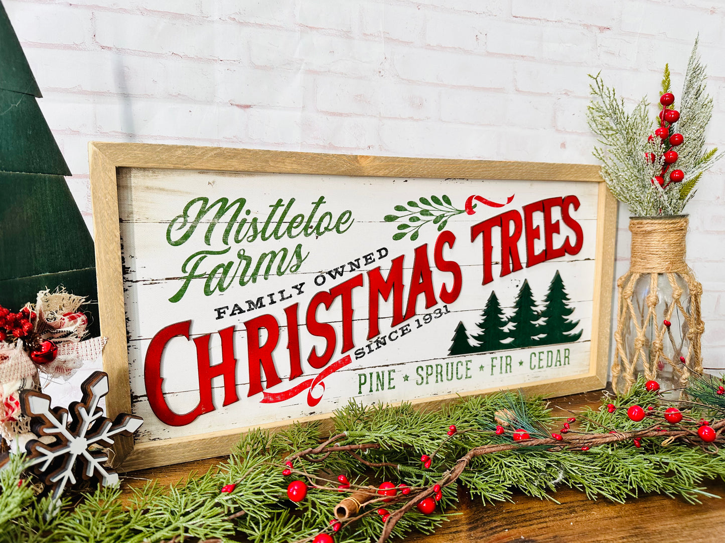 Mistletoe tree farm canvas wood framed sign