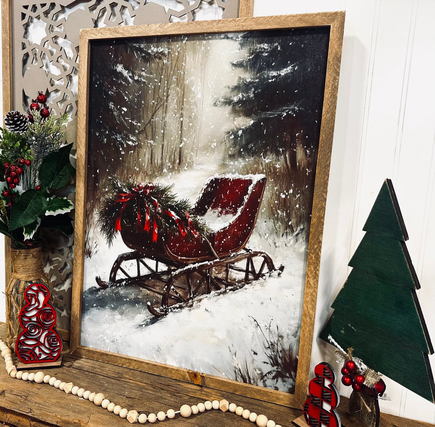 Vintage red Santa sleigh framed canvas print