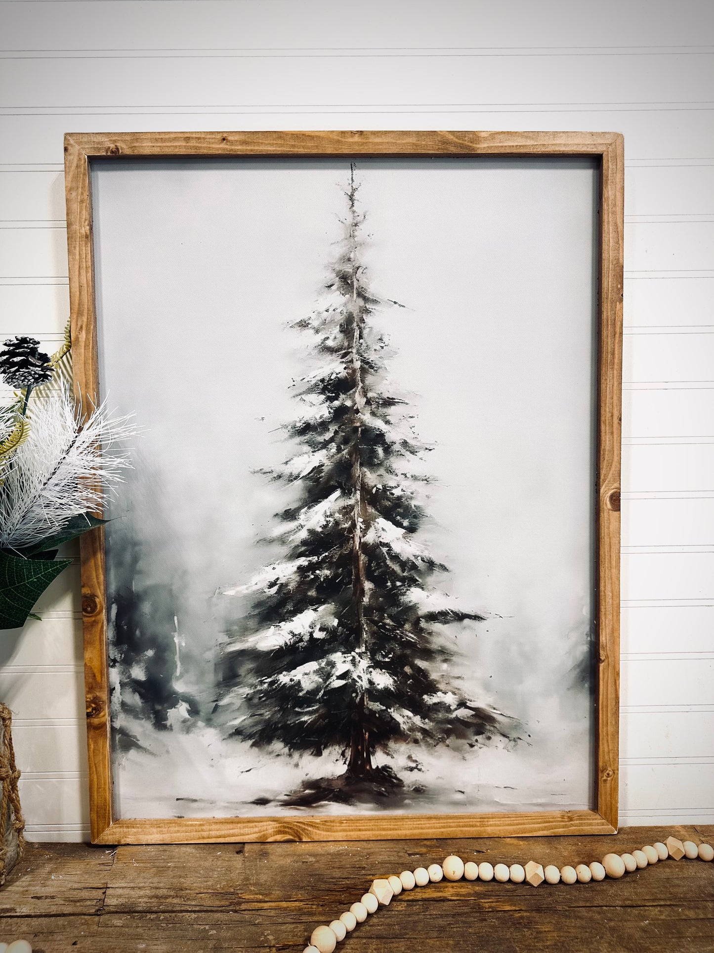 Moody snow covered evergreen wood framed Christmas print