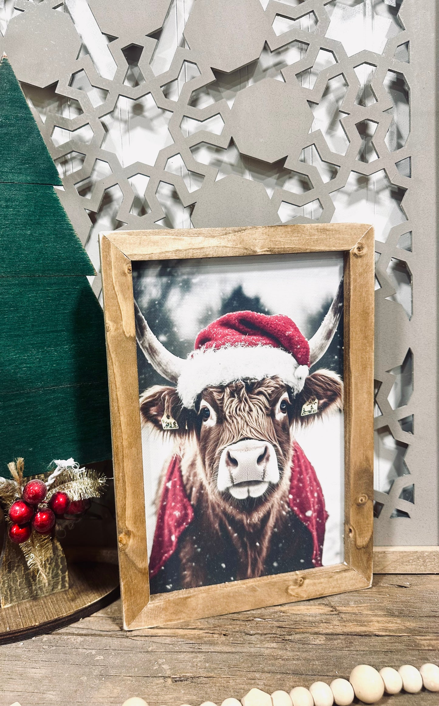 Christmas highland cow wood framed canvas print