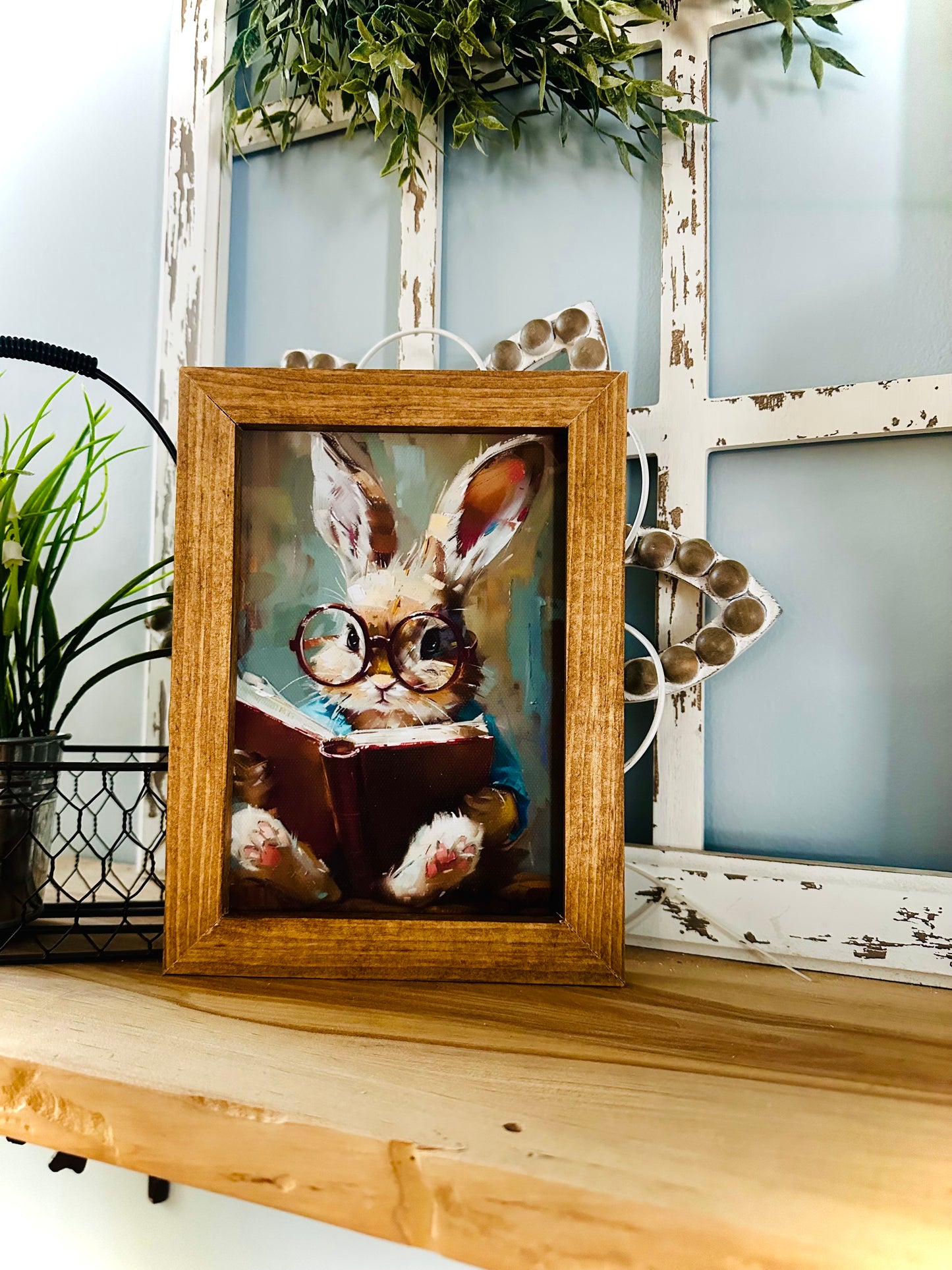 Whimsical reading bunny spring wooden framed canvas art print