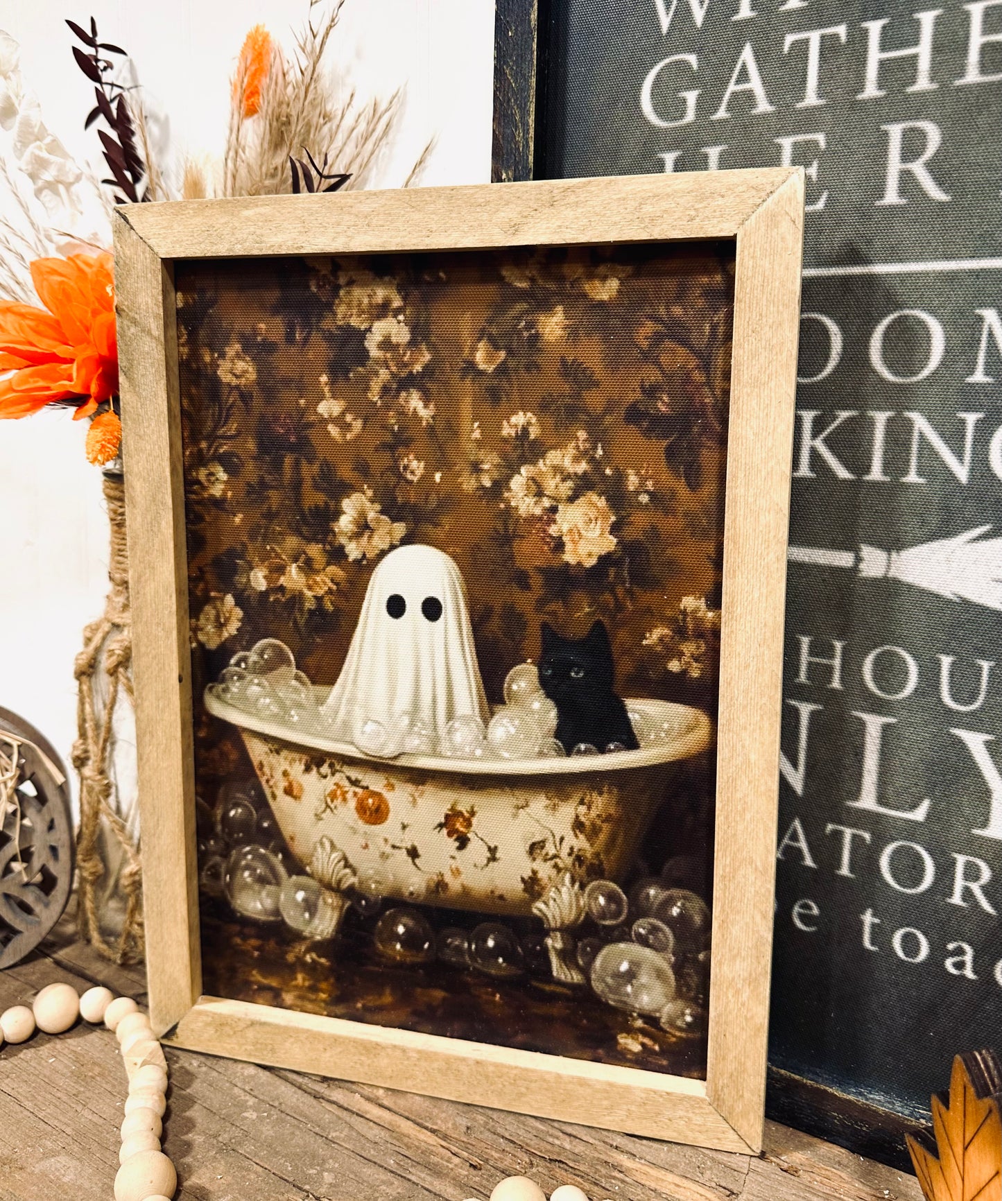 Ghost & Cat spooky bathroom Halloween wood framed canvas sign