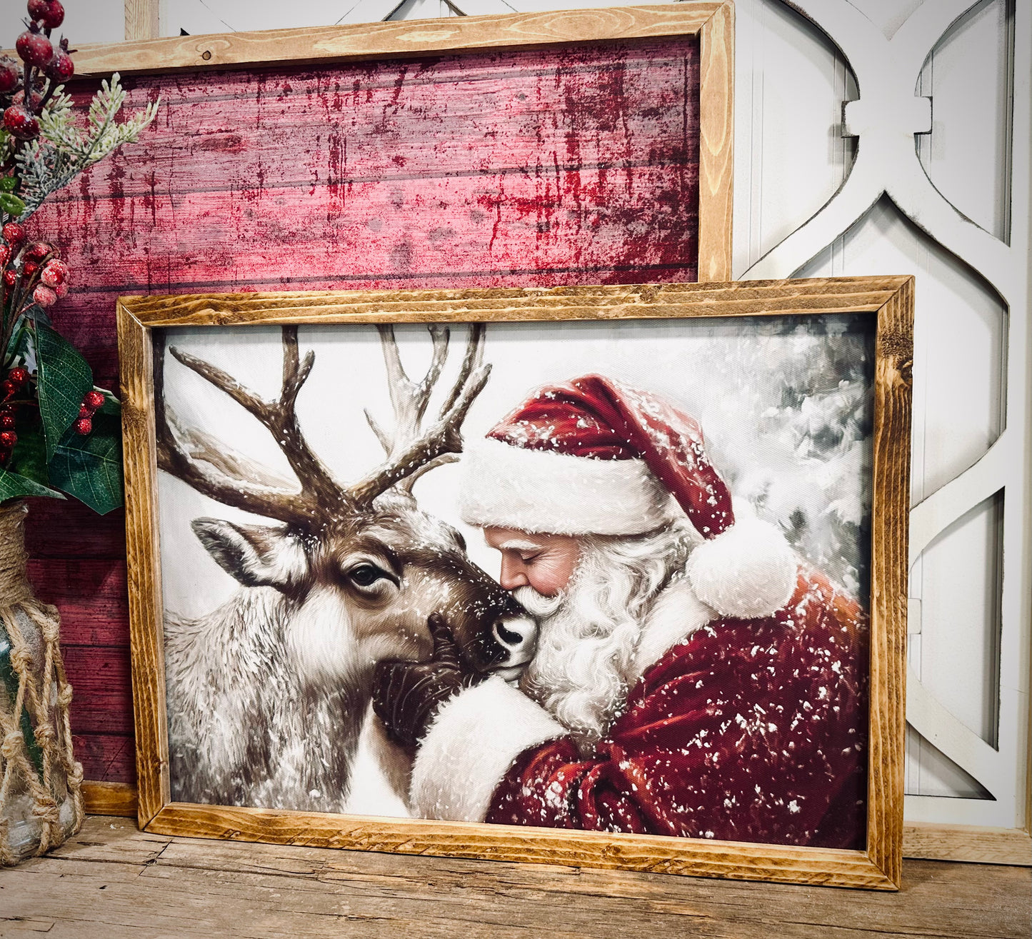 Santa with Reindeer wood framed canvas print