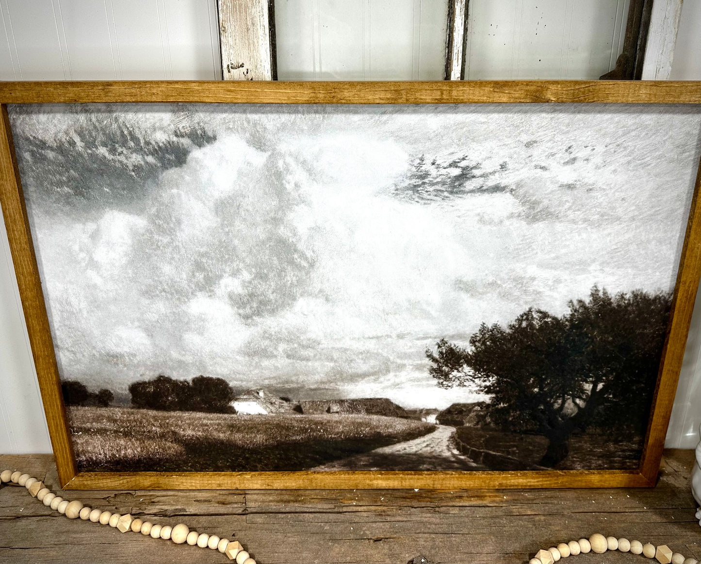 Moody open country field wood framed canvas print