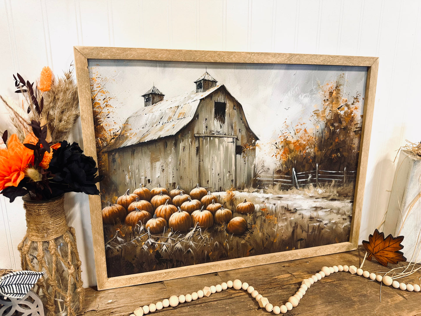 Spooky barn and pumpkin patch framed canvas sign