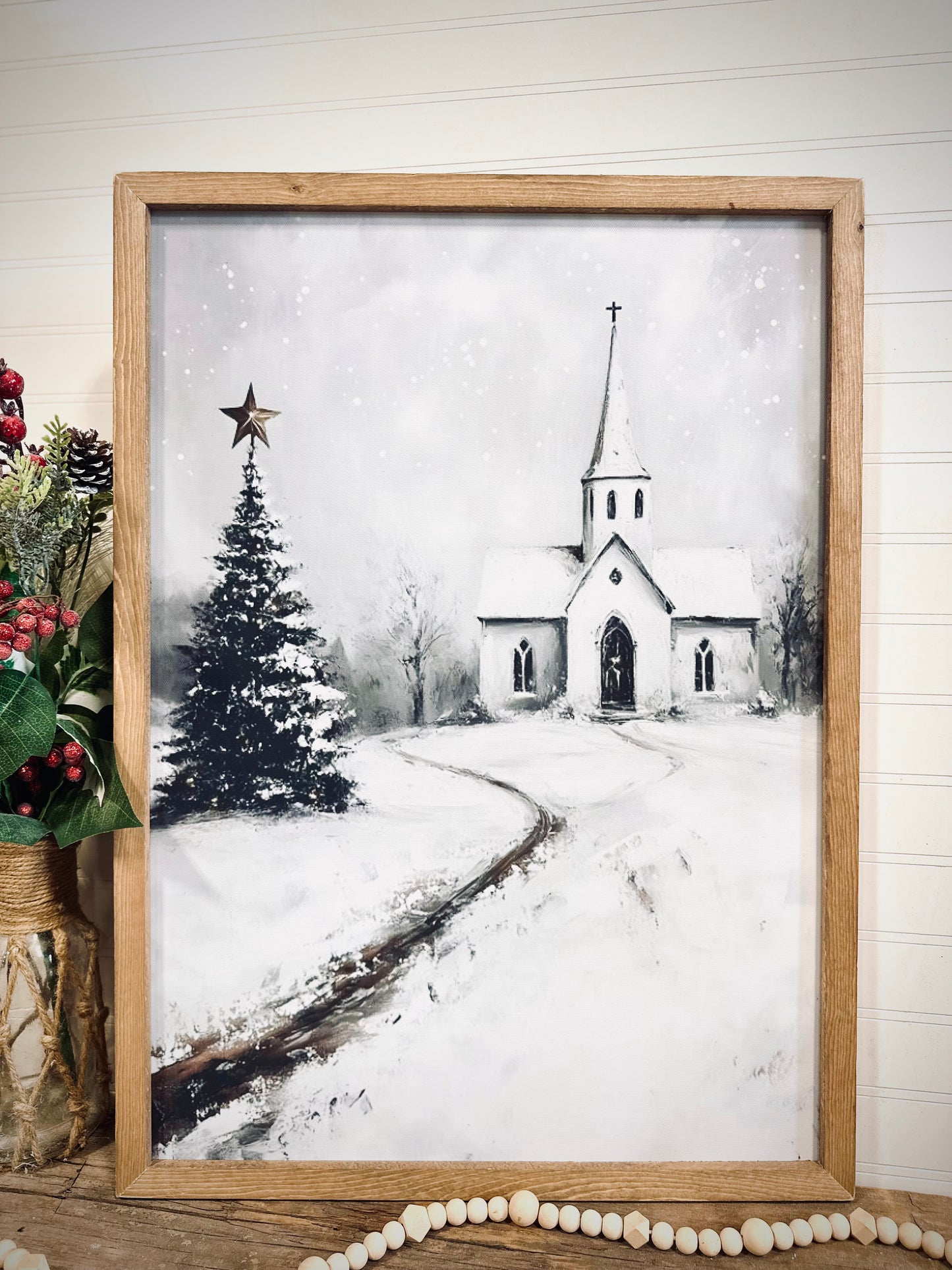 White church snowy winter Christmas scene wood framed canvas print