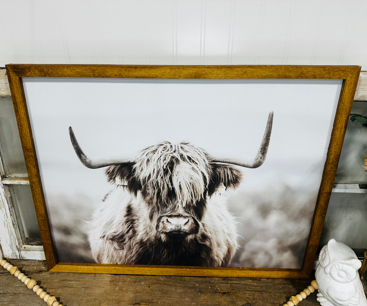 Muted highland cow wood framed canvas print