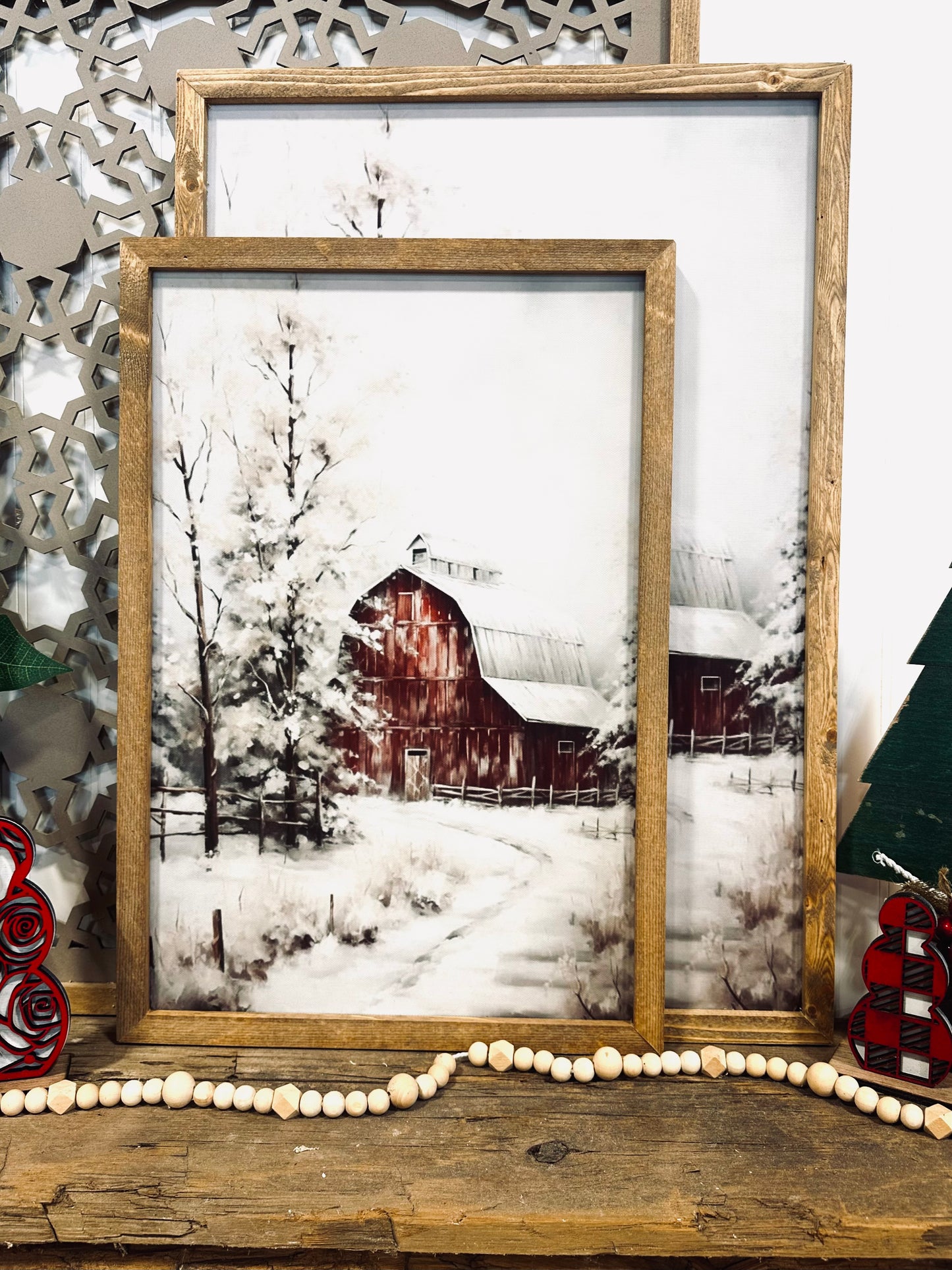 Muted snowy old red barn wood framed canvas print