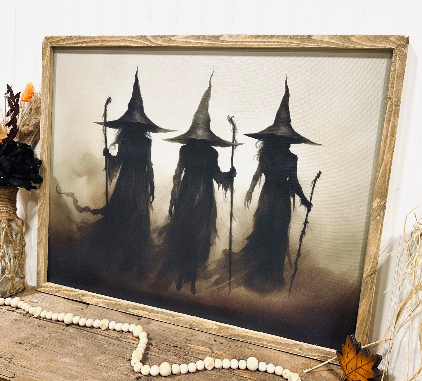 Three witches Halloween framed canvas wall art
