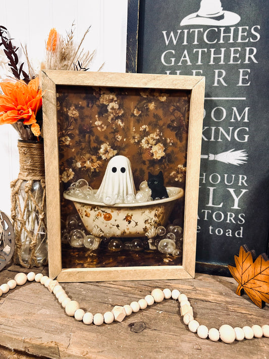 Ghost & Cat spooky bathroom Halloween wood framed canvas sign