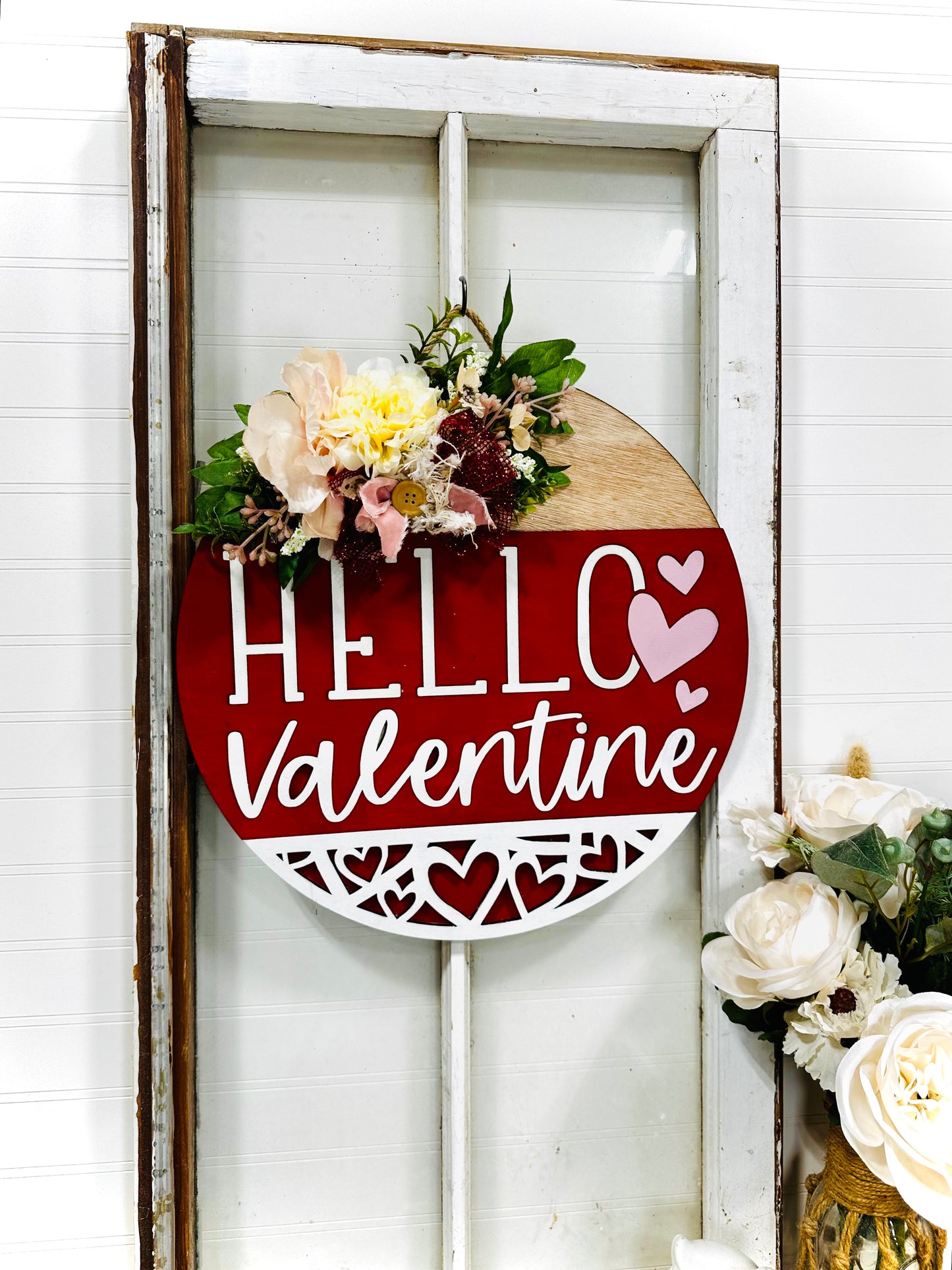 Hello Valentine painted wood door wreath