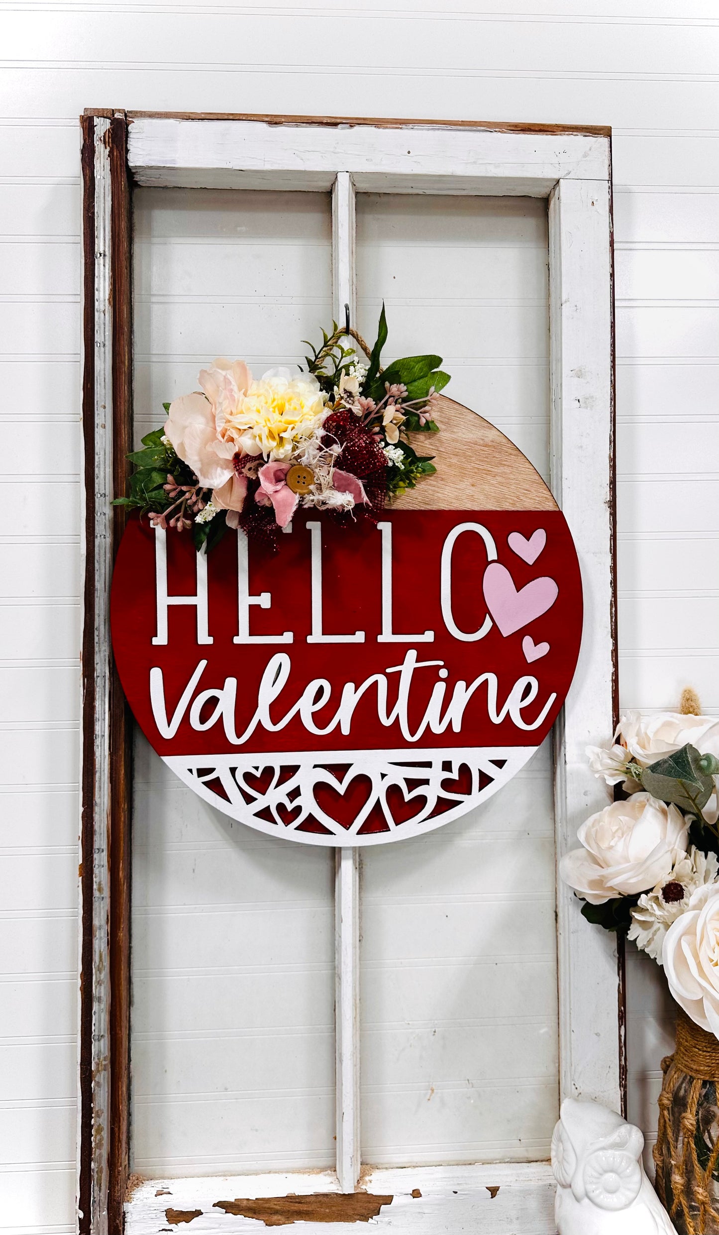 Hello Valentine painted wood door wreath