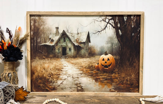 Spooky Halloween house with Jack-o-lantern framed  canvas sign