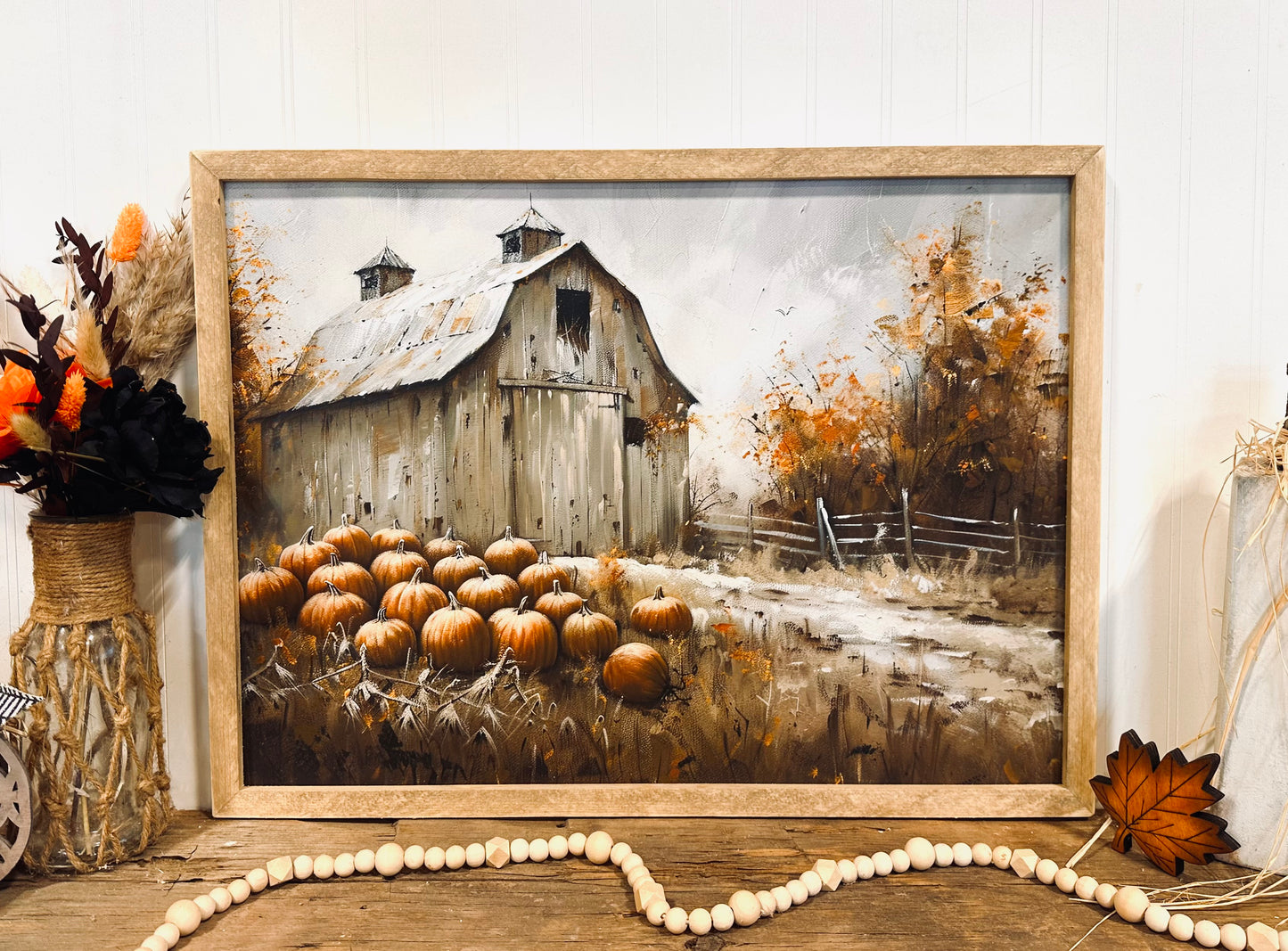 Spooky barn and pumpkin patch framed canvas sign