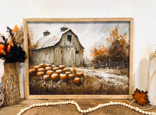 Spooky barn and pumpkin patch framed canvas sign