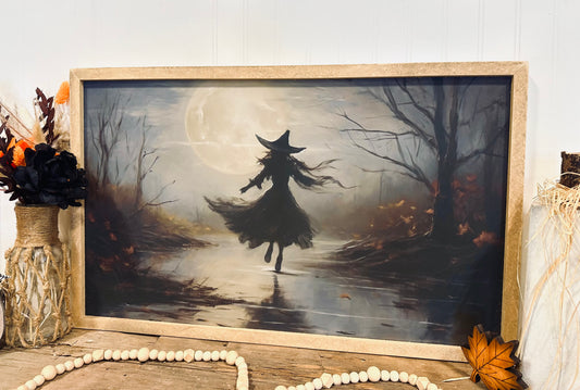 Moonlight witch Halloween framed canvas sign