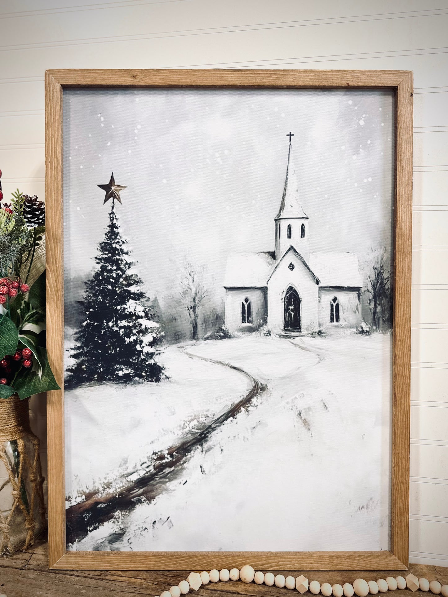 White church snowy winter Christmas scene wood framed canvas print
