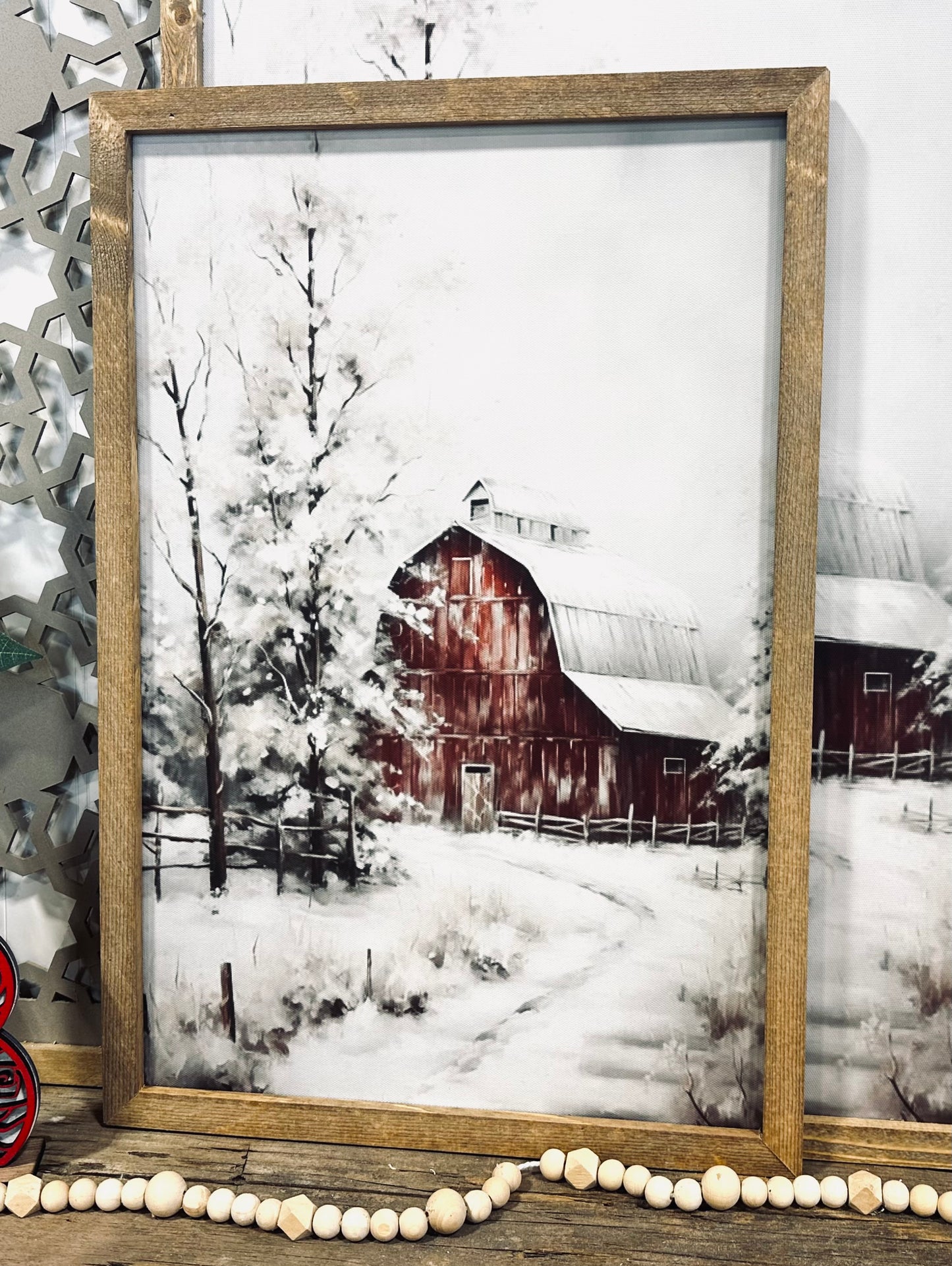 Muted snowy old red barn wood framed canvas print