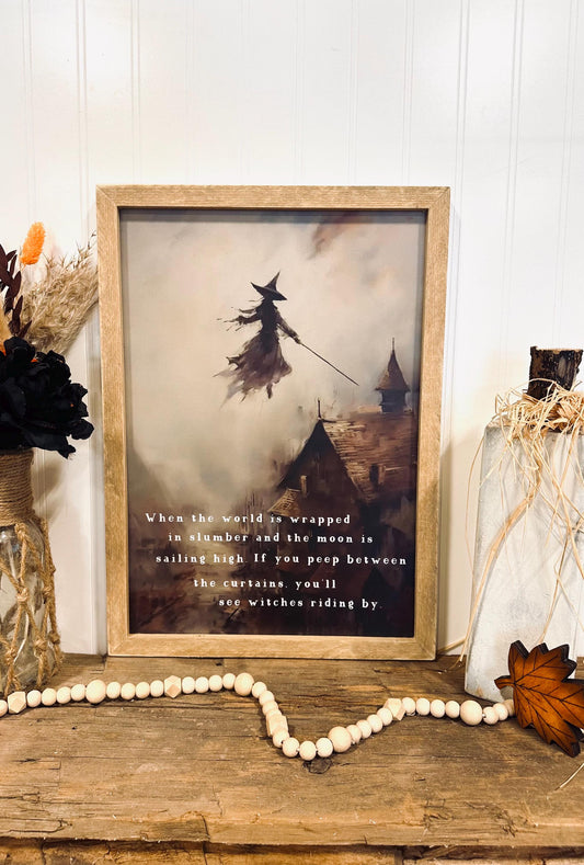 Vintage flying witch wood framed canvas sign Cute Halloween entryway decor