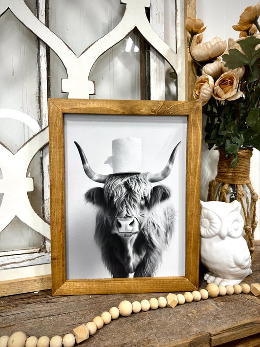 Funny Highland Cow Bathroom Art, Wood Framed Canvas Print