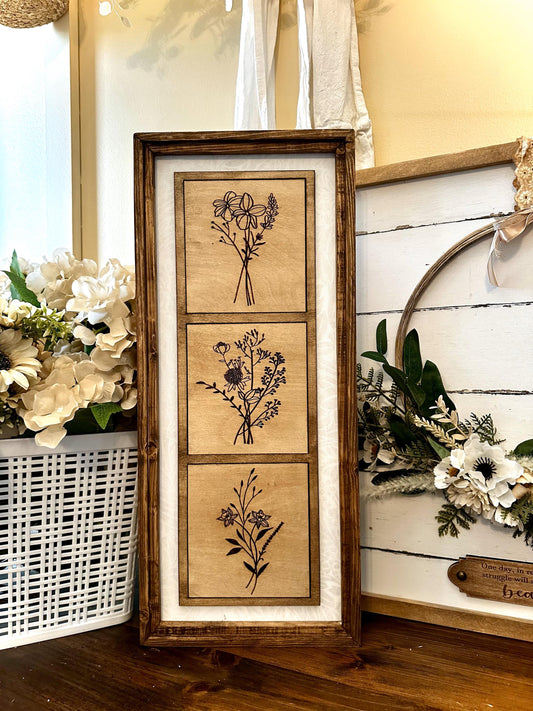 Farmhouse Vintage Floral Wood Framed Wall Decor | Botanical Modern Boho Chic Wall Art for Home Decor Wildflower wood wall plaque