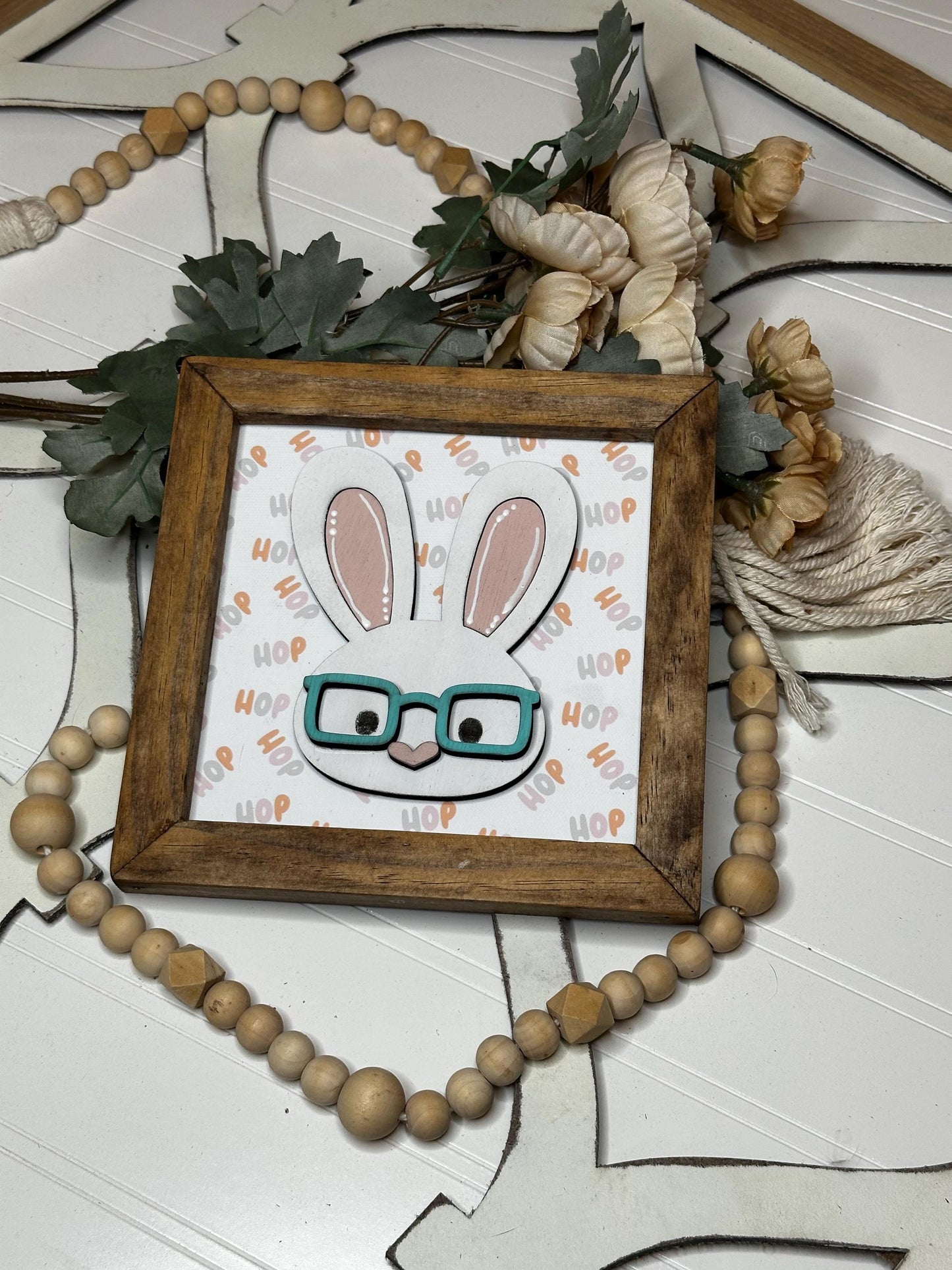 Cute Spring Bunny with Glasses Wood Framed Mini Sign | Easter Spring Shelf Decor | Cute Animal Shelf Sitter