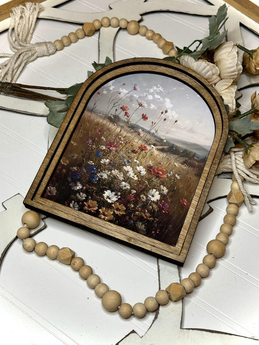 Moody Wildflower Field Canvas Art Print | Mini Tabletop Home Accent | Modern Country Cottage Mantle Decor