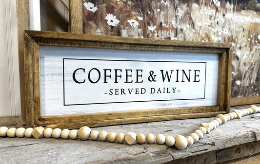 Coffee and Wine Served Daily Sign | Wood Framed Kitchen Decor | Small Canvas Print for Home Bar and Kitchen