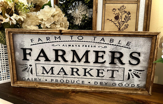 Farmhouse Antique Wood Framed Kitchen Sign | Farmers Market Horizontal Canvas Sign | Country Chic Framed Decor